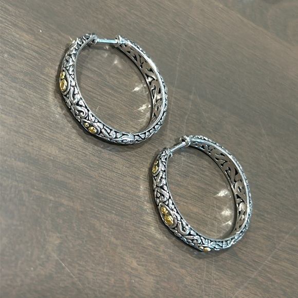 EFFY NEW Two-Tone Bead & Scroll Hoop Earrings - Picture 2 of 5